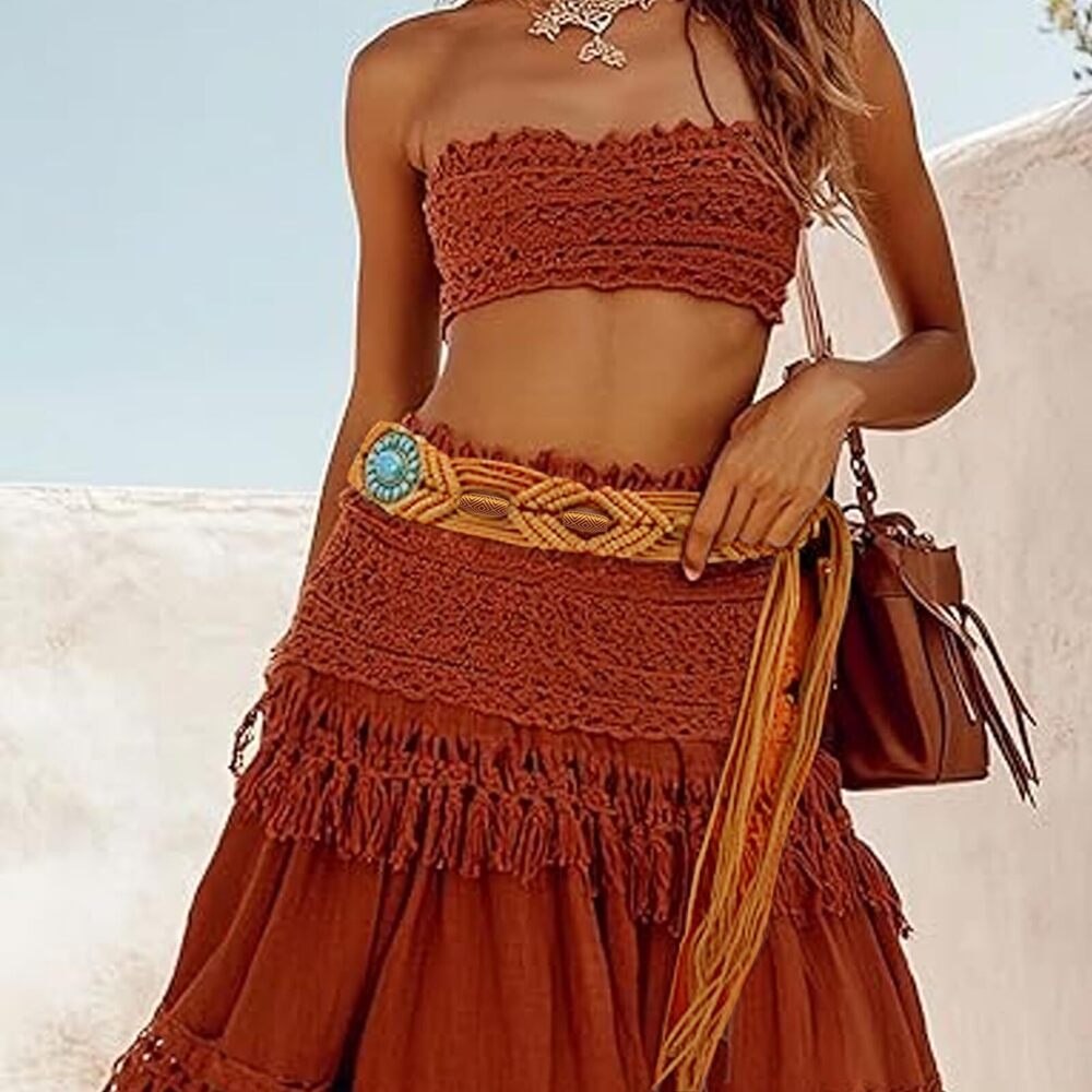 6663 Boho Turquoise Belt For Women 2" Western Wax Rope Beaded Braided Waist - Picture 7 of 7
